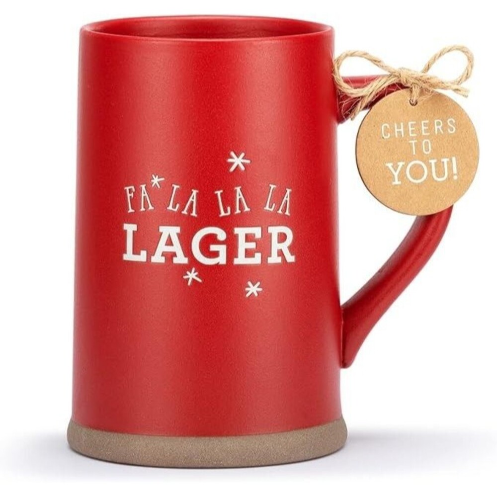 Demdaco Christmas Beer Stein Mug Red Stoneware Fa La La La Lager  32oz  7" NWT
